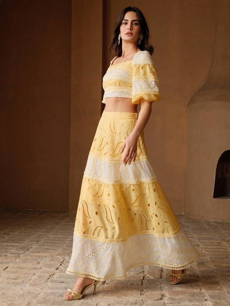 Women's Spring/Summer New Mother's Day Vacation Style White & Yellow Patchwork Textured Embroidered A-Line Maxi Skirt