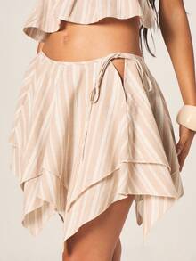 MISSGUIDED Beige Striped Halter Neck Crop Top With Asymmetric Ruffle Skirt Two Piece Summer Outfit Set - Khaki - View 4