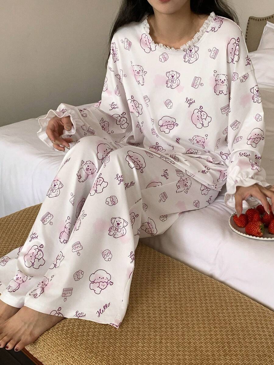 DAZY 可爱快乐小狗印花荷叶边女士睡衣套装 - 白色 - 查看 1