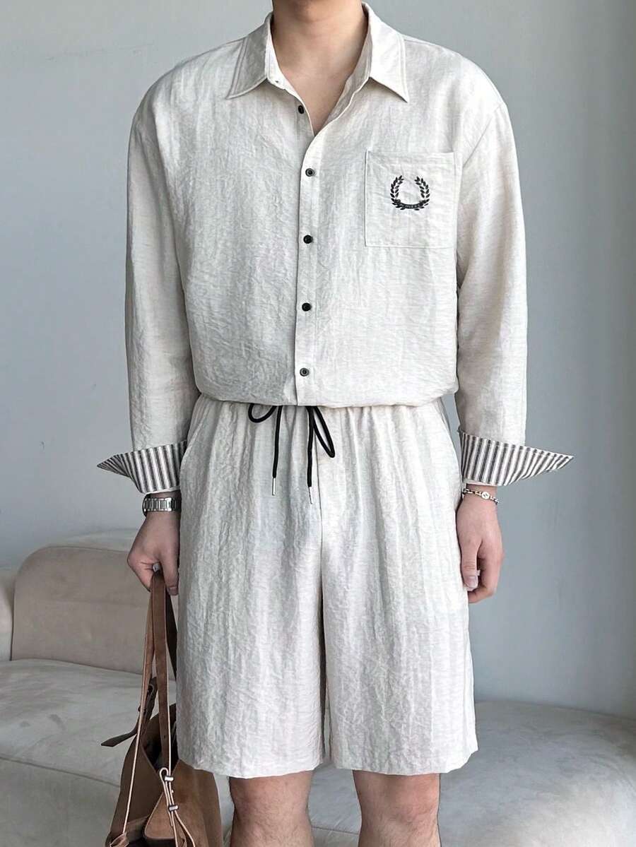 DAZY Bộ áo sơ mi và quần short nam màu xám, chất liệu vải có họa tiết, thích hợp cho mùa xuân/hè. - Xám - Xem 1