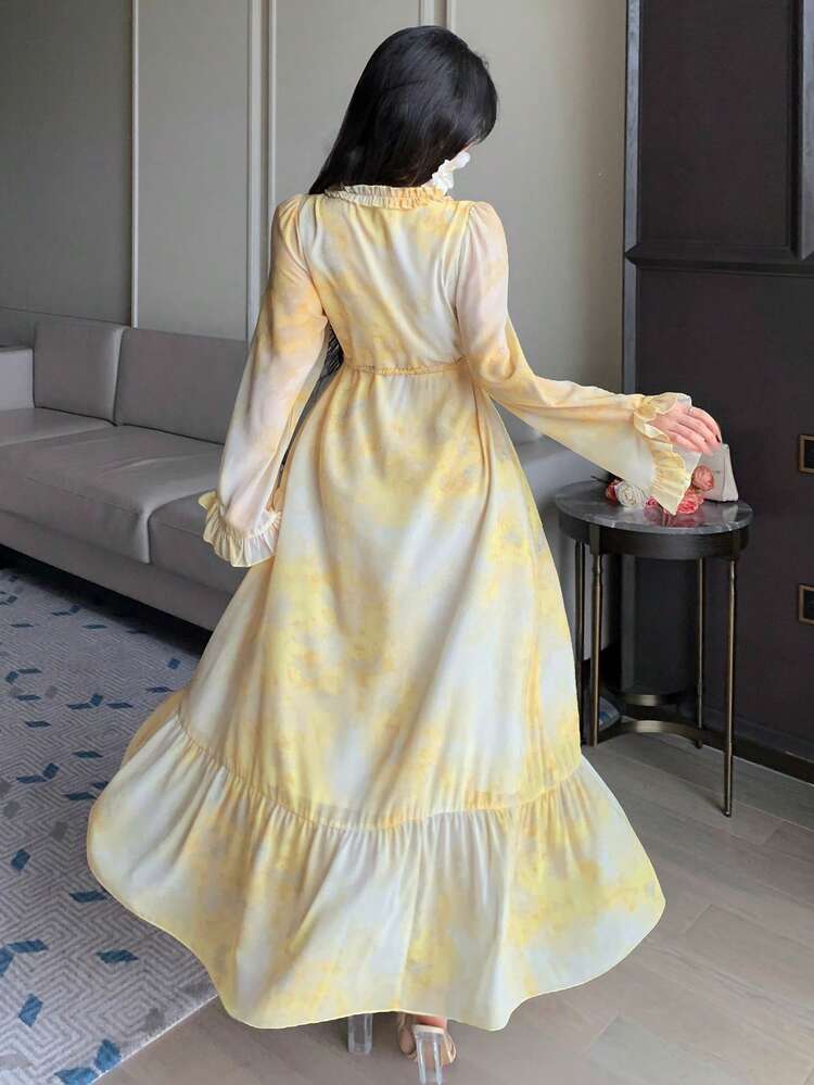 Women's Elegant Floral V-Neck Tie-Waist Petal Sleeve Frill Trim Mid-Length Dress, Spring/Summer Maxi Dress Sundress