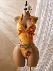 Bellisia Women's Summer Beach Floral Print Frill Trim Halter Tankini Swimsuit Set - Multicolor - View 5