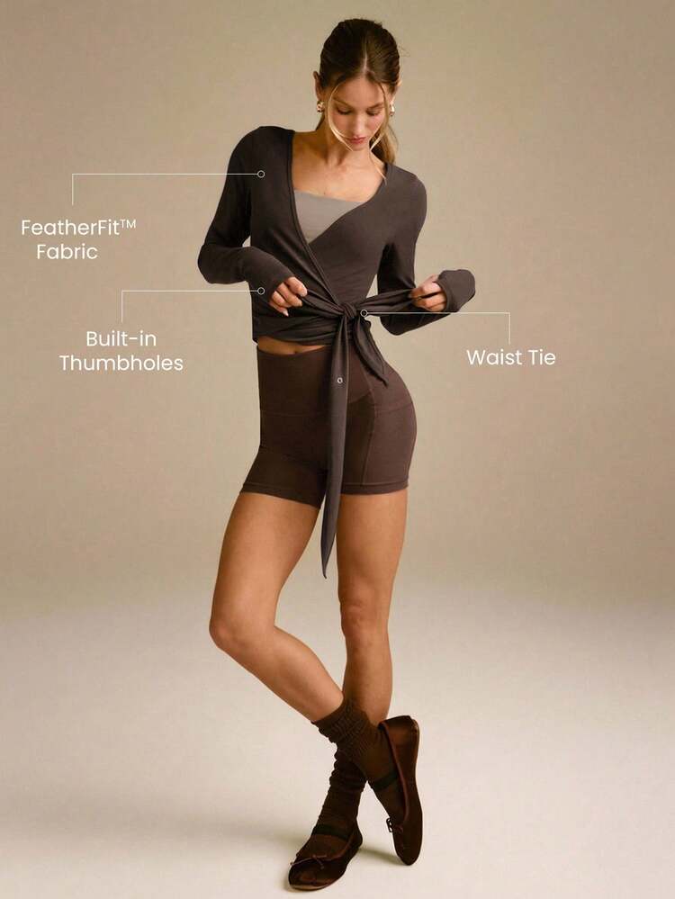 FeatherFit™ Split Decision 2-In-1 Reversible Wear Buttery-Soft Stretchy Sweat-Wicking Tie-Waist Long Sleeve Top Yoga Pilates Studio Daily Casual