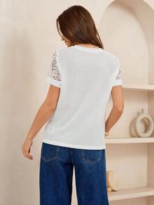 Lymera Spring/Summer Fashion Elegant Commuting Versatile White Knit Textured V-Neck Short Sleeve Lace Splice T-Shirt - White - View 2