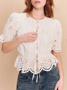 lacRébo Broidery Anglaise White Tie Front Cotton Blouse With Puff Sleeves And Scallop Hem Detail Boho Spring Summer Vacation French Style Parisian Style Spring Summer Cotton Top - White - View 3