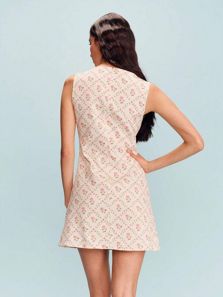 French Vintage Cream Floral Print A-Line Cream Mini Dress Spring Summer Vacation French Style Parisian Style Floral Cotton Dress Office Outfit Business Casual Dress