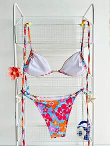 Swim Mod 女士碎花可调节露背吊带三角比基尼上衣和高衩比基尼泳裤套装，时尚、可爱、性感，适合海滩、游艇派对、度假胜地。 - 彩色 - 查看 2