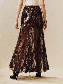 Arave Women's Elegant Sequin Contrast Lace Black Skirt, Party - Coffee Brown - View 5
