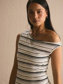 MUSERA 条纹不对称露肩套装上衣（仅上衣）春夏舒适可爱日常少女度假阳光社交休闲假日 - 彩色 - 查看 4