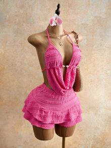 Mistrie Vacation Sexy Backless Halter Top And Shorts 2 Pieces Set - Hot Pink - View 4