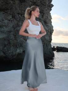 Turnttoni 女士优雅缎面半身裙，百搭鱼尾裙摆半身裙，日常穿着 - 灰色 - 查看 6