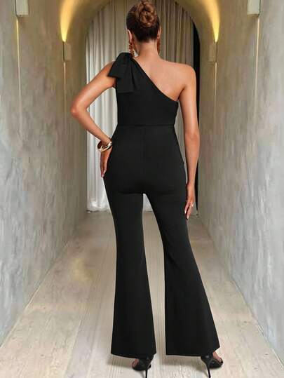 MaterniChic Maternity Jumpsuit With Satin Ribbon Decor, Slim Fit Solid Color Flared Leg Jumpsuit Summer  Pregnancy Photoshoot One Shoulder Jumpsuit Maternity Clothes Jumpsuits Baby Shower  Black Jumpsuit Women Elegant