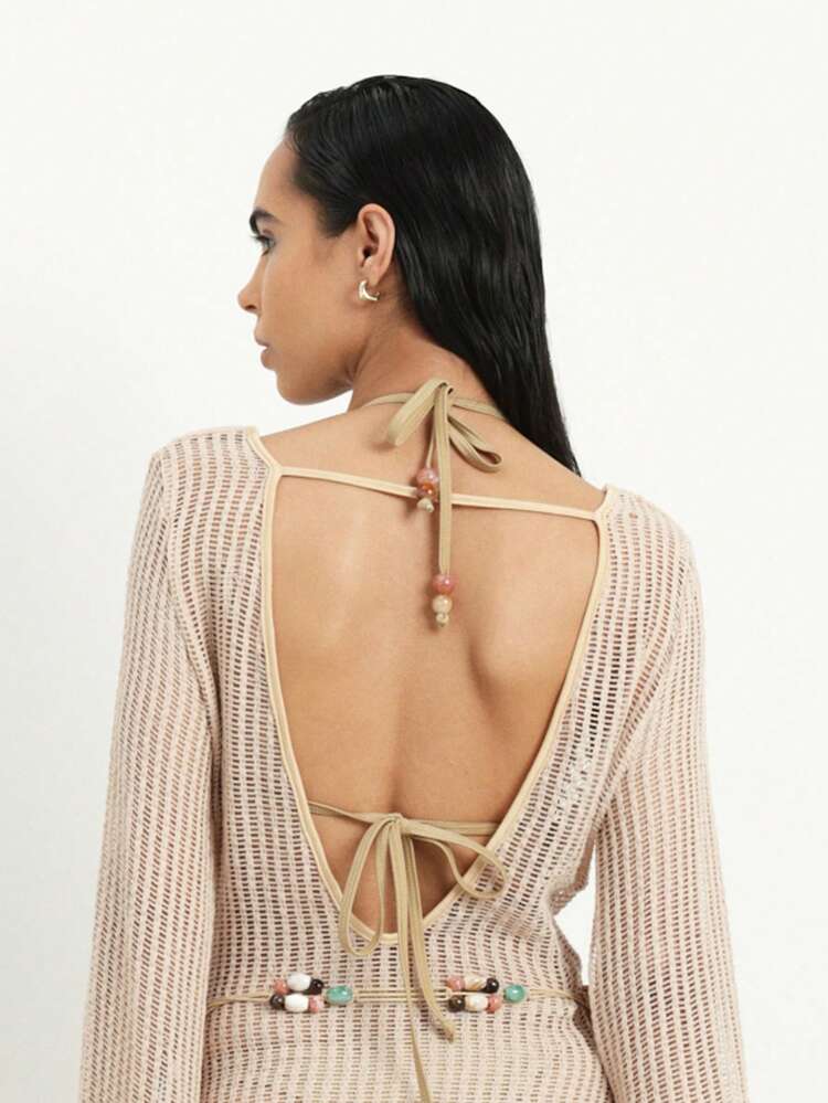 KSTM Long Sleeve Openwork Knit Mini Dress Cover Up With Deep Cowl Neckline And Beaded Tie Belt For Beach Resort Vacation