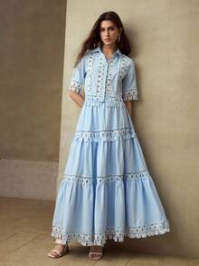 MOTF PREMIUM SPRING/SUMMER WOMEN'S SHORT SLEEVE SHIRT WITH HOLLOW PATCHWORK, BUTTERFLY RUFFLE TRIM, RUFFLE HEM A-LINE SKIRT 2 PIECES SET VACATION ELEGANT - Blue - View 7