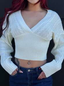 Bearsaez 女式深 V 领麻花针织拼布毛衣，宽松上衣和紧身下装，米色，秋冬 - 米色 - 查看 5