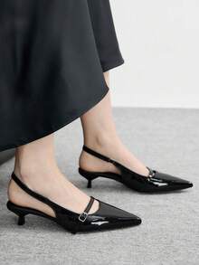 CUCCOO BIZCHIC Giày sandal cao gót mũi nhọn bằng da bóng màu đen dành cho nữ, có quai cài phía sau, kiểu dáng mới, thích hợp cho đi làm hàng ngày, đa năng. - màu đen - Xem 5