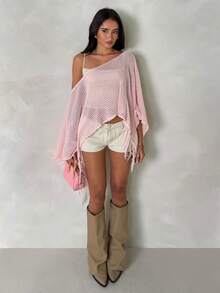 SHEIN Spring/Summer Off Shoulder Pink Ladies Sweater Elegant Hollow-Out Ladies Sweater - Pink - View 1