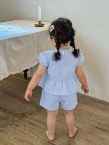 LMoss Kids 2pcs Baby Girl Woven Striped Petal Sleeve Casual Shirt And Loose Fit Pants Set - Blue - View 2