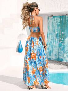 Vivid Eden 女士无袖镂空露腰印花连衣裙，适合度假/休闲、春夏穿着 - 藍色 - 查看 7