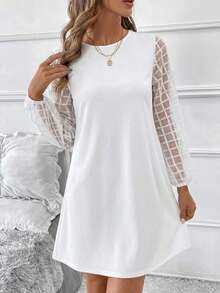 SHEIN Clasi 女士薄纱长袖纯色迷你连衣裙 - 白色 - 查看 5