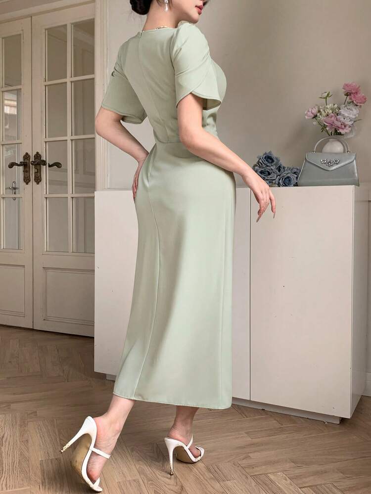 Women's Elegant Solid Color Rhinestone V-Neck Ruffle Sleeve Pleated Asymmetric Mid-Length Dress, Summer,Wedding Guest Dress Women Sundress