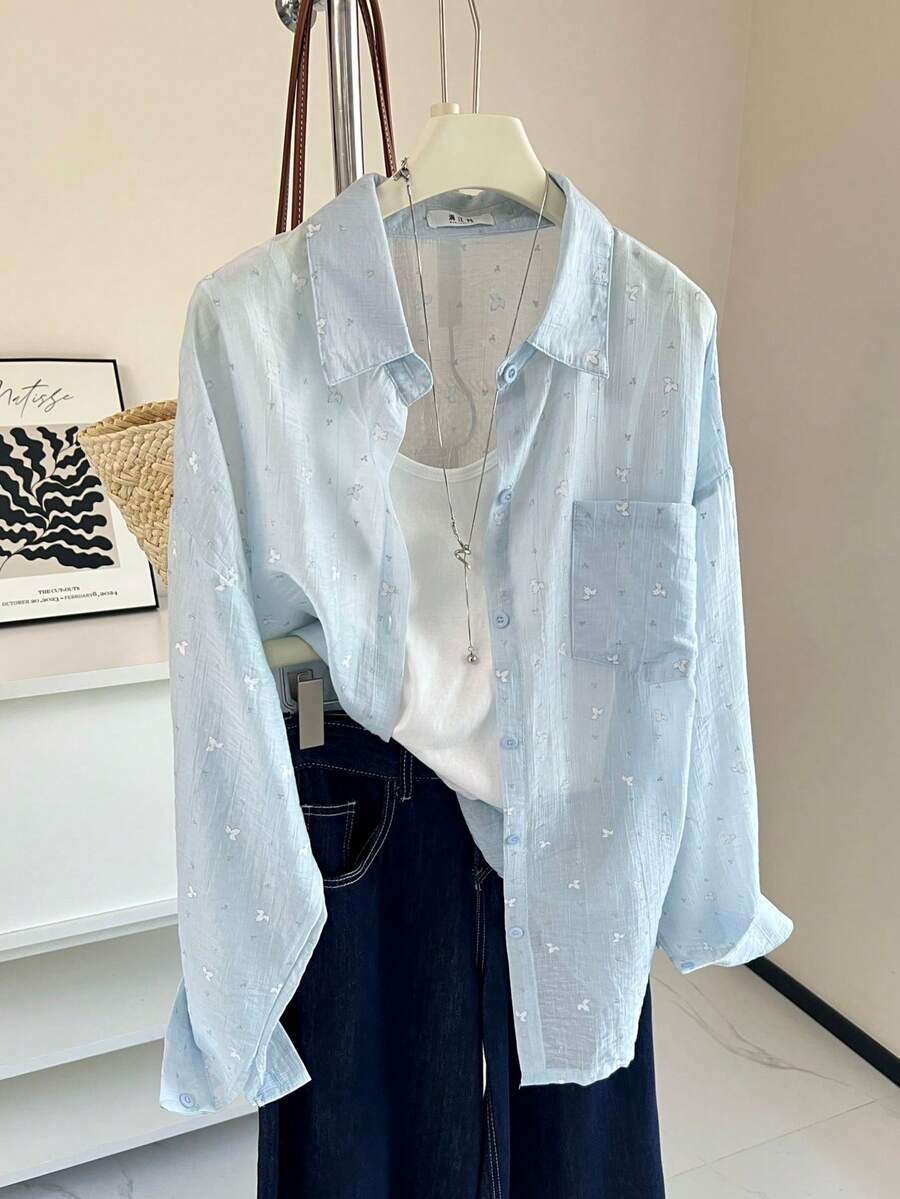 K-Vae Heart Print Loose Casual Long Sleeve Shirt - Blue - View 1