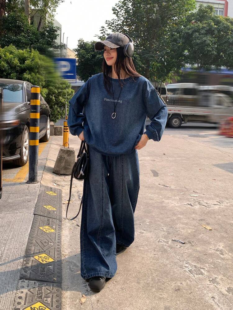 Women's Korean Style Round Neck Washed Denim Top And Loose Fit Denim Pants Set