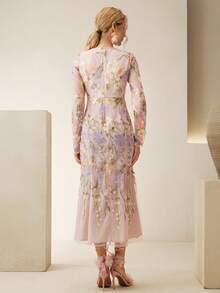 Anewsta Elegant Party Vintage Embroidered 3D Floral Fitted Waist Long Sleeve Dress, Bodycon Mermaid Hem - Pink - View 2