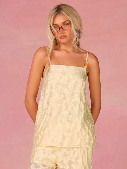 Athîral Women's Summer Casual Vacation Jacquard Flower Applique Cami Top & Wide Leg Pants 2 Pieces Set