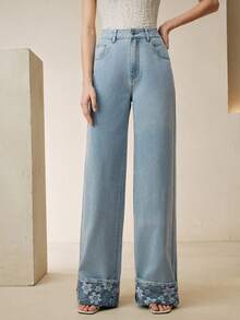 Anewsta New Fashion Jacquard Women Blue Denim Straight Leg Pants Pants Jeans Women's Jeans Wide Leg Jeans - Blue - View 2