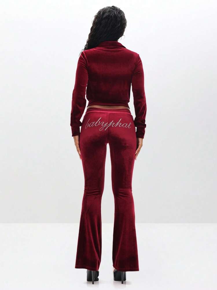 BABYPHAT Plus Size Burgundy Velour Full-Zip Sweatshirt With Rhinestone Text Embellishment And Centre Pocket For Fall Winter