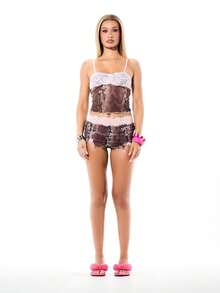 SUMWON WOMEN Váy ngắn mini họa tiết da rắn, viền ren lưới, cạp hồng, chi tiết bèo nhún ở gấu váy, thích hợp cho các lễ hội mùa hè và tiệc tùng. - Nhiều màu - Xem 5