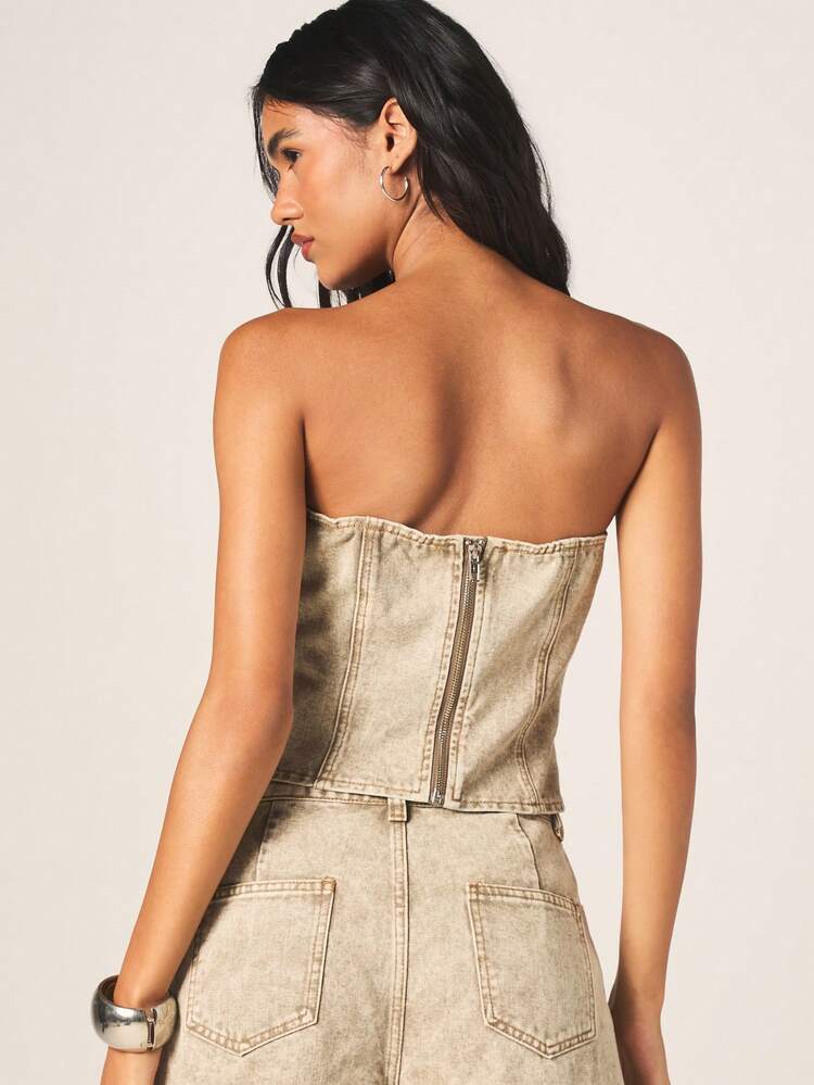 MISSGUIDED Vintage Denim Strapless Bandeau Corset Top With Structured Bodice And Stone Wash Finish