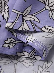 DAZY Vacation Style Floral Print Ruched Tie Neck Lantern Sleeve Loose Women Nightgown - Blue - View 8