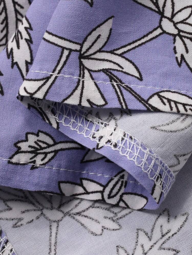 Vacation Style Floral Print Ruched Tie Neck Lantern Sleeve Loose Women Nightgown
