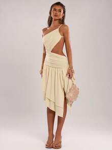 SHEIN BAE 女士纯色度假不对称露肩露背不对称下摆中长连衣裙，适合海滩度假、邮轮旅行，优雅性感纯色连衣裙，黄色连衣裙，鸡尾酒会礼服，正式舞会，派对 - 淡黃色 - 查看 4