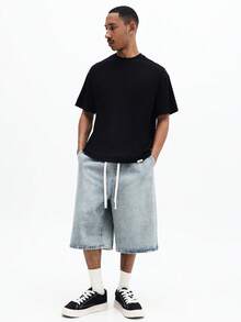 SUMWON 男士黑色宽松圆领短袖纯棉T恤，休闲街头风基础款，春夏日常舒适版型上衣 - 黑色 - 查看 3