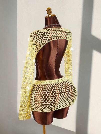 Amplova 2pcs Women's Sequin Cropped Cover-Up Set, Sexy Avant-Garde Versatile Style Suitable For Vacation, Music Festival, Bikini Outfit