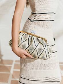 SHECARRY Túi xách nữ, ví cầm tay, túi cói, túi đan bằng rơm, thời trang, thanh lịch, đơn giản, cá tính, đa năng, thích hợp cho bãi biển, kỳ nghỉ, mùa hè, ven biển, tiệc bãi biển. - Màu be - Xem 6