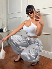 SHEIN SXY Pantalones cargo de twill de moda callejera con bolsillos 3D para mujeres - Plateado - Ver 4