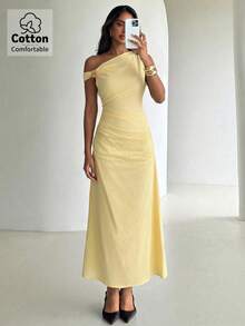 Aloruh Đầm công sở nữ bằng cotton, kiểu dáng bất đối xứng, đính kim loại, eo nhún bèo, thích hợp mặc đi làm. - Màu vàng - Xem 5
