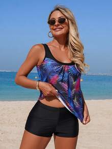 Swim Lushoire 2026 Spring/Summer New Sleeveless Round Neck Dress-Style Printed Modest Mature Tankini Swimwear Set - Multicolor - View 3