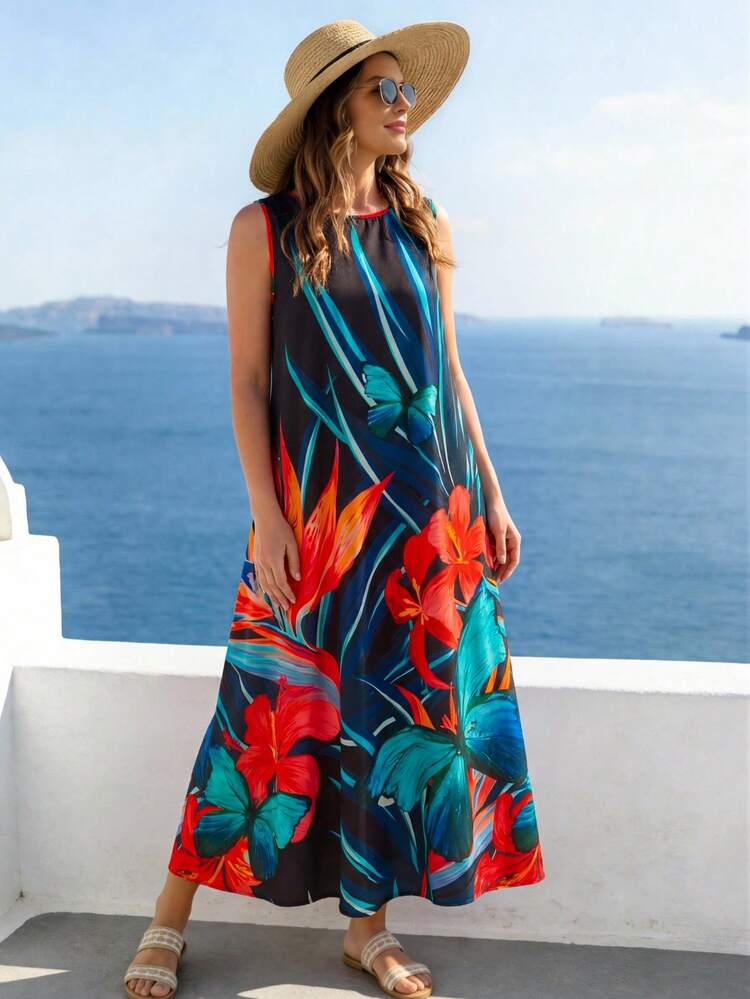 Plus Size Women's Summer Casual Vacation Country  Round Neck Sleeveless Floral Print White Dress,Summer Holiday,Spring Break Outfits ,Vacation Outfits Women ,Holiday Outfits For Women,Going Out Outfits,2026 New Clothes,Simple And Fashionable For Everyday Wear,Casual Dresses For Women,Flowy Dress ,Suitable For Summer, Vacation,Daily Wear,Beach Outfits For Women ,Boho Dress