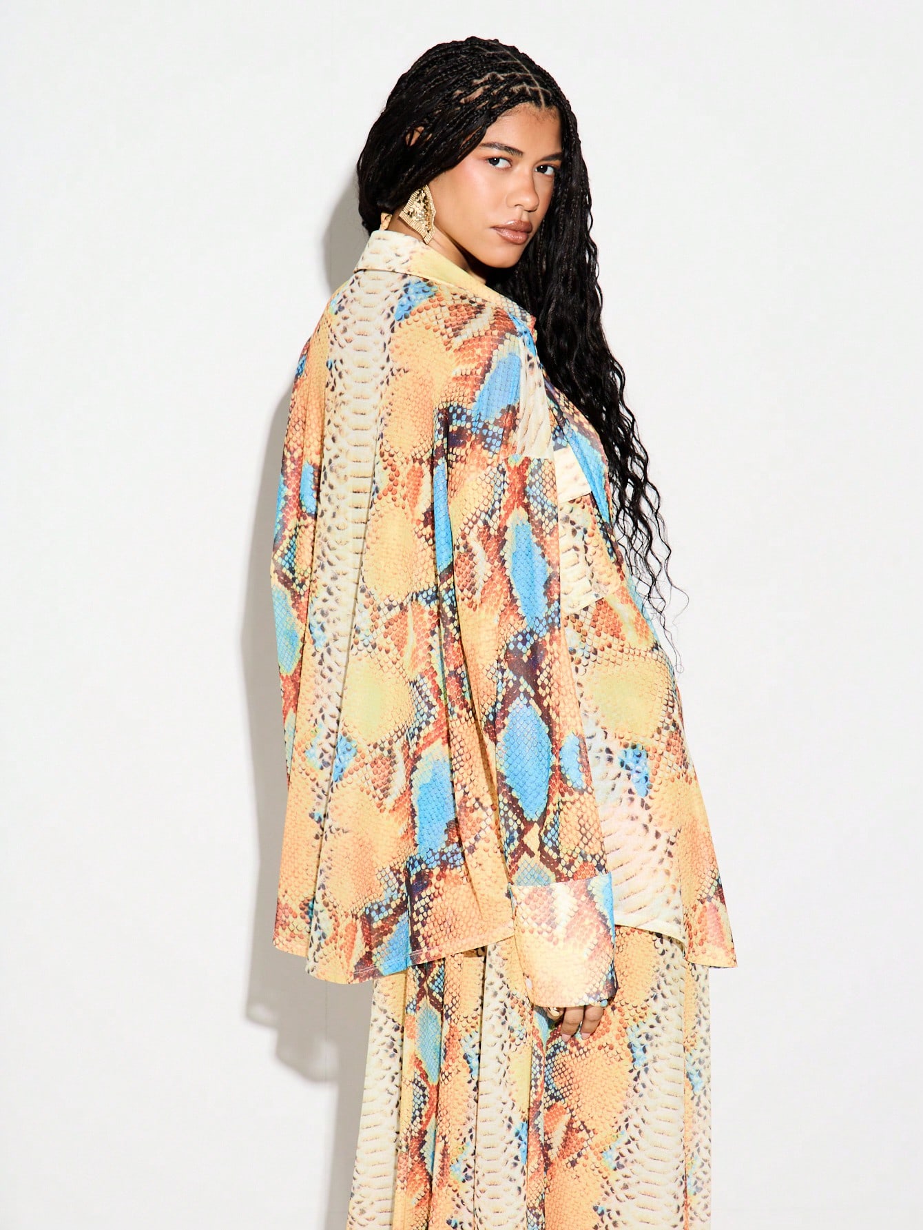 KIZN Snake Print Mesh Oversized Button Shirt