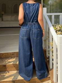 Dazy Plus Bộ jumpsuit không tay bằng vải denim màu xanh đậm, kiểu dáng nghỉ dưỡng, dáng dài, thích hợp cho mùa xuân/hè. - Rửa tối - Xem 7