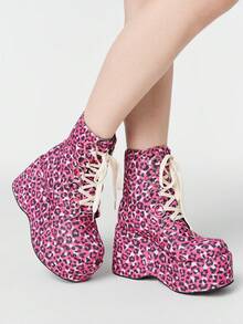 ROMWE Kawaii Women's Y2K Punk Gothic Lace-Up Fluffy Platform Ankle Boots Y2K - Red leopard print - View 5