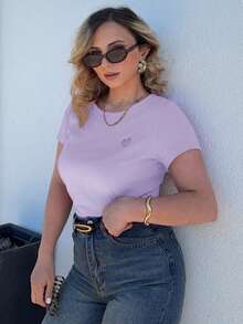 Jeta Ari Simple Solid Color Embroidered Heart Short Sleeve Women T-Shirt Summer,Business Casual Women - Violet Purple - View 6