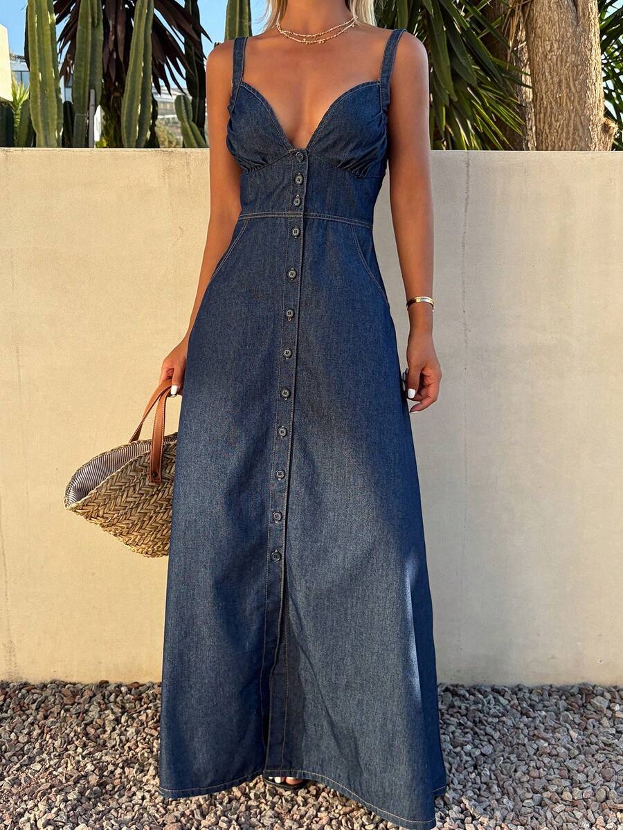 Livesso 女士复古牛仔蓝V领纽扣前开衩度假沙滩牛仔连衣裙 - 藍色 - 查看 1