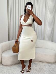 Xyvia Sexy Sequin Patchwork Backless Halter Knit Dress, Summer - Apricot - View 6