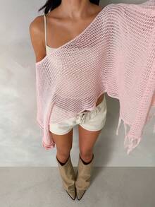 SHEIN Spring/Summer Off Shoulder Pink Ladies Sweater Elegant Hollow-Out Ladies Sweater - Pink - View 4